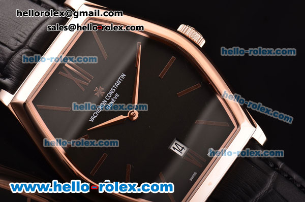 Vacheron Constantin Malte Japanese Miyota OS2035 Quartz Rose Gold Case with Black Leather Strap and Black Dial - Click Image to Close